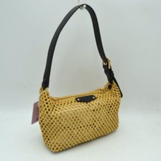 Black This structural shoulder bag showcases an intricate open-weave pattern across its main body, providing a highly textured look suitable for everyday use. It features a wide, flat shoulder strap attached smoothly to the sides and equipped with a metallic adjustment buckle for comfortable carrying. A secure top zipper closure opens to a single main storage compartment to keep daily essentials safe, accented by a small decorative tab detail centered near the upper rim.