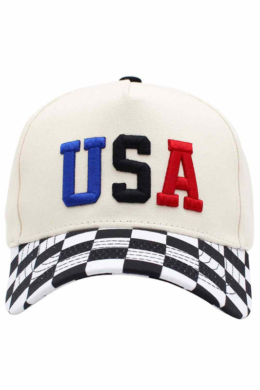 Black Classic baseball cap featuring USA embroidered lettering on the front and a distinctive checker pattern along the brim. Crafted from 100% cotton for breathability and comfort, perfect for everyday wear or outdoor activities. One size fits most. Made in China.