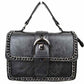 Black Add a touch of structured elegance to your look with this chic top-handle satchel bag. Designed for the modern trendsetter, it seamlessly blends classic vintage vibes with contemporary edgy accents.
