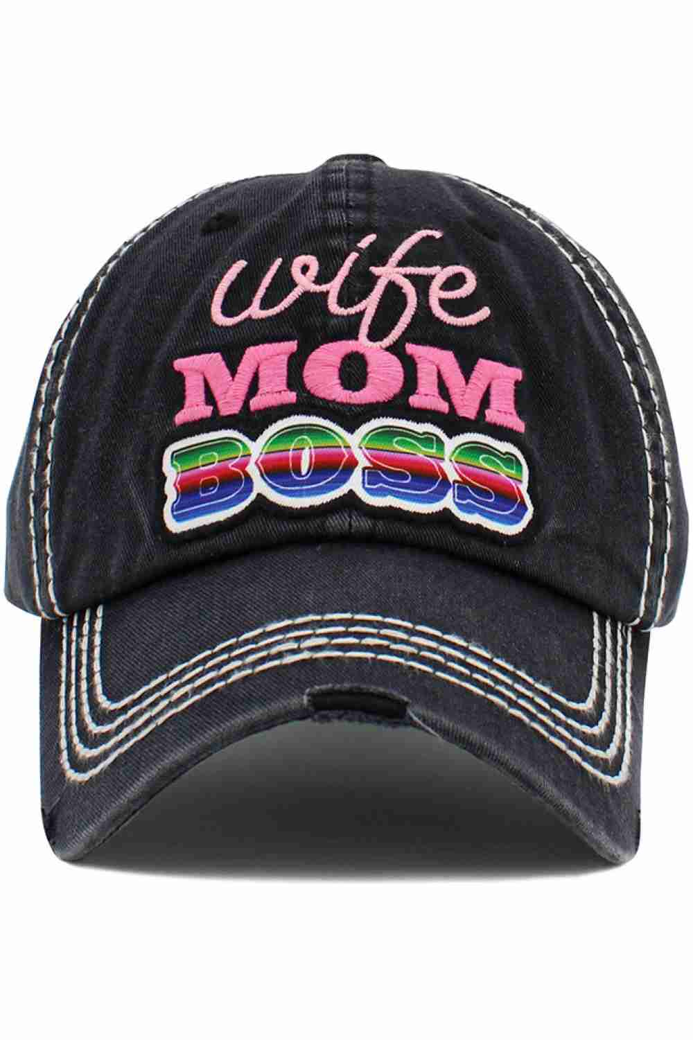 Black The WIFE MOM BOSS Vintage Ball Cap features a bold, empowering slogan with a classic vintage-inspired design for a stylish everyday look. Comfortable and easy to wear, it’s perfect for casual outings, errands, and adding a confident touch to any outfit.
