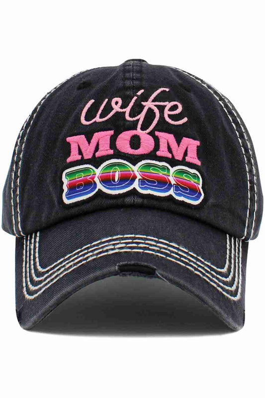 Black The WIFE MOM BOSS Vintage Ball Cap features a bold, empowering slogan with a classic vintage-inspired design for a stylish everyday look. Comfortable and easy to wear, it’s perfect for casual outings, errands, and adding a confident touch to any outfit.