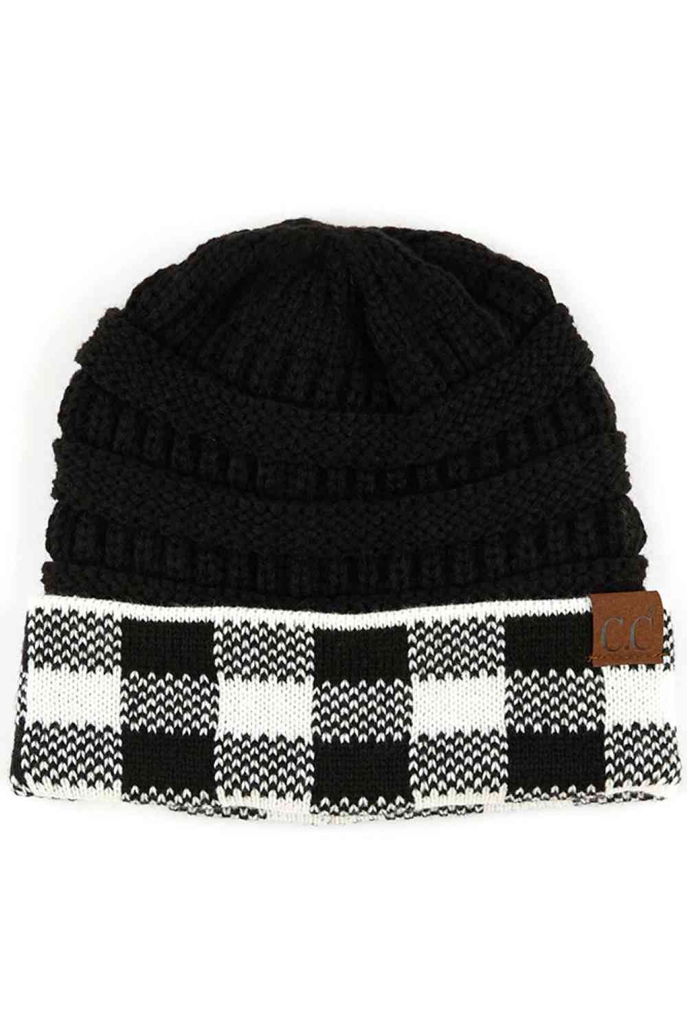 Black White Upgrade your cold-weather style with the C.C Buffalo Check Cuff Knit Beanie. This classic beanie features a distinctive buffalo check pattern cuff that brings timeless appeal to any winter look.