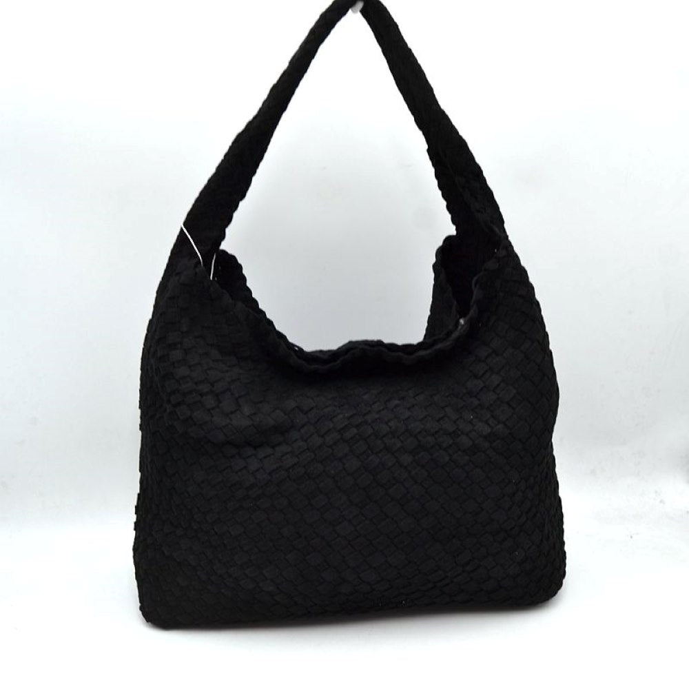 Black This relaxed, slouchy shoulder bag showcases a beautifully textured, fully woven exterior in a classic checkerboard style. It is designed with a spacious, scooped hobo silhouette that naturally molds to the body for comfortable daily wear. The wide, integrated shoulder strap extends seamlessly from the side panels, ensuring durable carrying capacity while maintaining a clean, hardware-free aesthetic suitable for both casual and smart-casual ensembles.
