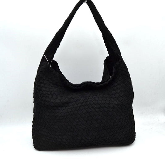 Black This relaxed, slouchy shoulder bag showcases a beautifully textured, fully woven exterior in a classic checkerboard style. It is designed with a spacious, scooped hobo silhouette that naturally molds to the body for comfortable daily wear. The wide, integrated shoulder strap extends seamlessly from the side panels, ensuring durable carrying capacity while maintaining a clean, hardware-free aesthetic suitable for both casual and smart-casual ensembles.