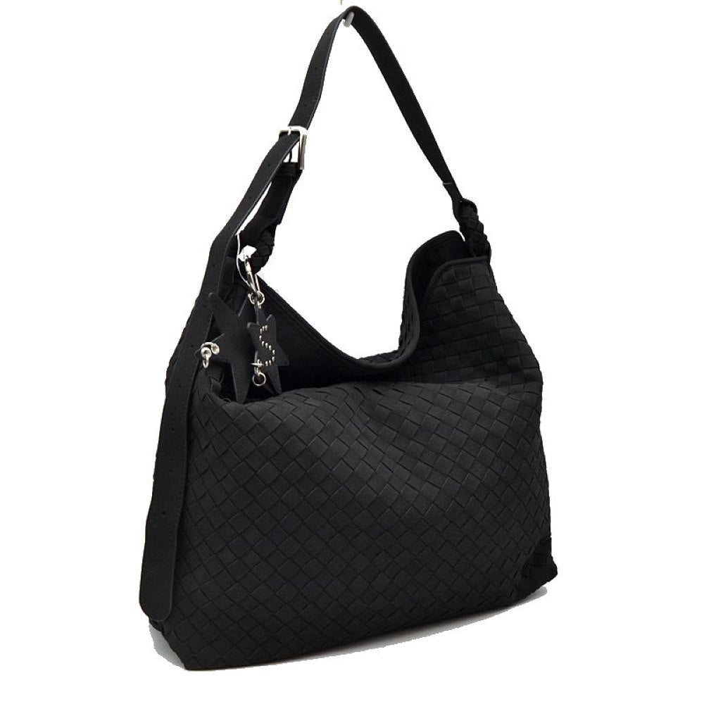 Black This slouchy hobo bag features a distinctive woven pattern across its exterior, offering a textured and modern look for everyday use. Designed with a spacious main compartment to easily accommodate daily essentials, the bag includes an adjustable flat shoulder strap secured with a metallic buckle for customizable carrying comfort. A decorative star-shaped charm is attached to the side via metallic hardware, adding a unique accent to the overall clean design.