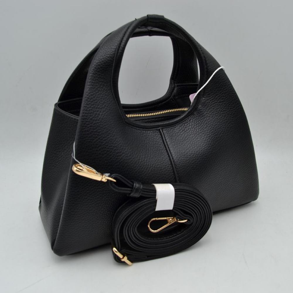 Black This everyday handbag features a slouchy, structured silhouette with a pebbled, textured exterior and a central vertical seam detail on the front panel. Designed for versatile styling, it features integrated wide top handles alongside a separate, detachable, and adjustable long shoulder strap equipped with metallic lobster clasps.
