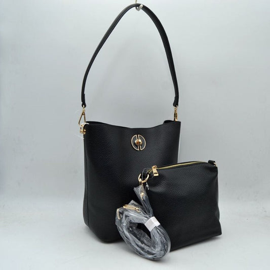 Black Streamline your daily coordination with this sophisticated and highly versatile handbag set. The main bucket bag features a premium pebbled exterior finish that handles daily use with ease while maintaining an elegant, structured silhouette. A polished, circular metallic turn-lock accent sits prominently on the front, providing an upscale focal point. This functional piece comes paired with a matching