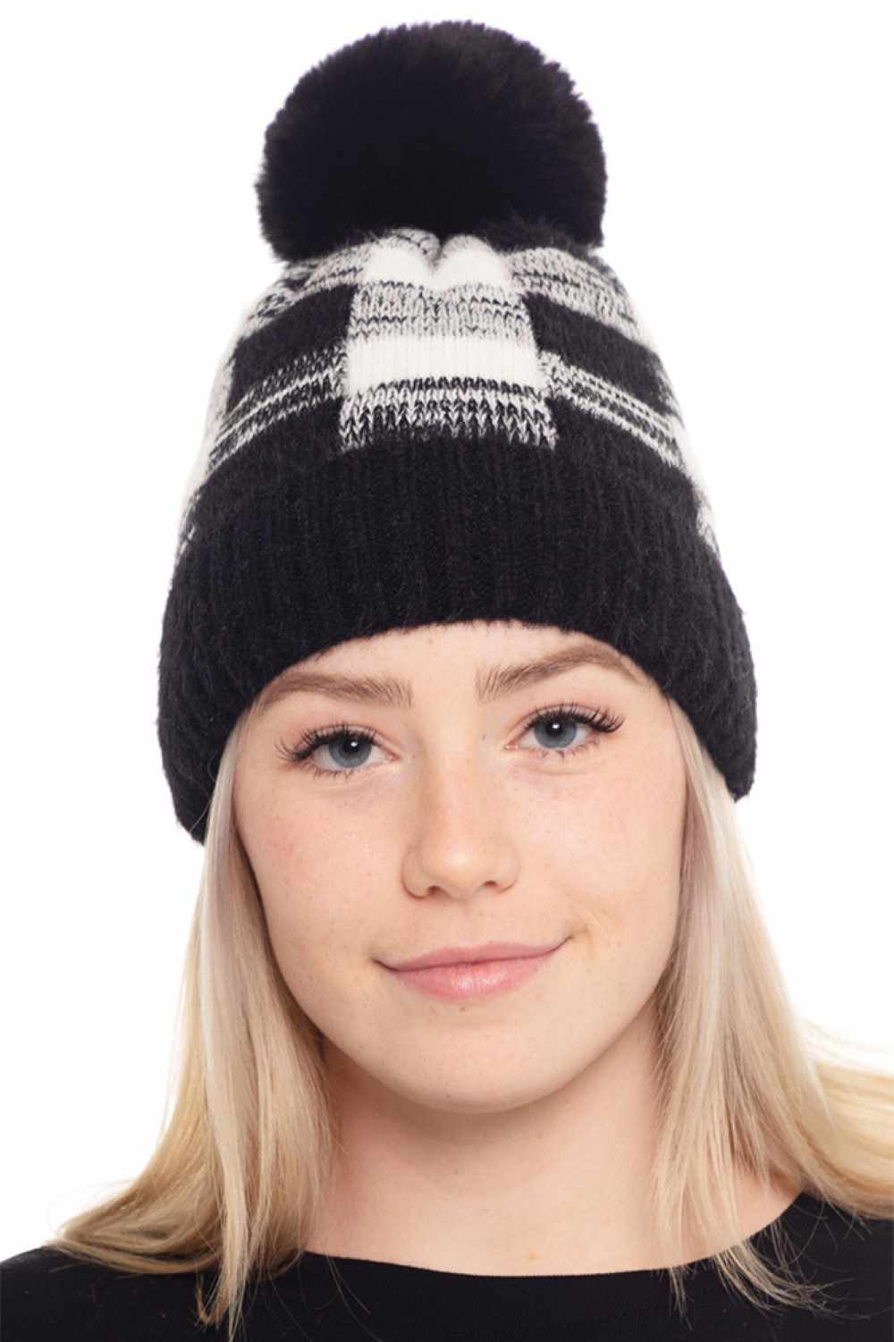Black Wrap yourself in warmth with this buffalo plaid pom beanie, featuring a soft fuzzy fleece construction that's perfect for chilly days. The cozy blend of 50% acrylic and 50% nylon delivers durability and comfort, while the oversized pom pom adds a playful touch.
