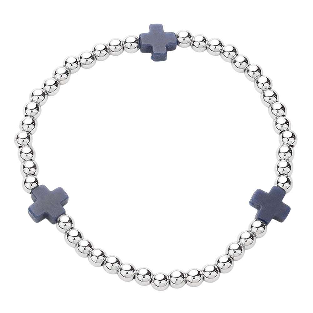 Cross Pointed Stainless Steel Ball Beaded Stretch Bracelet - Black Silver - Bracelet