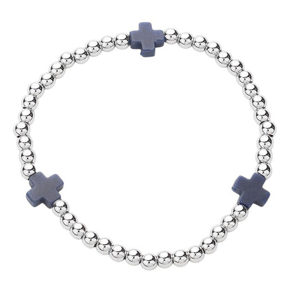 Cross Pointed Stainless Steel Ball Beaded Stretch Bracelet - Black Silver - Bracelet
