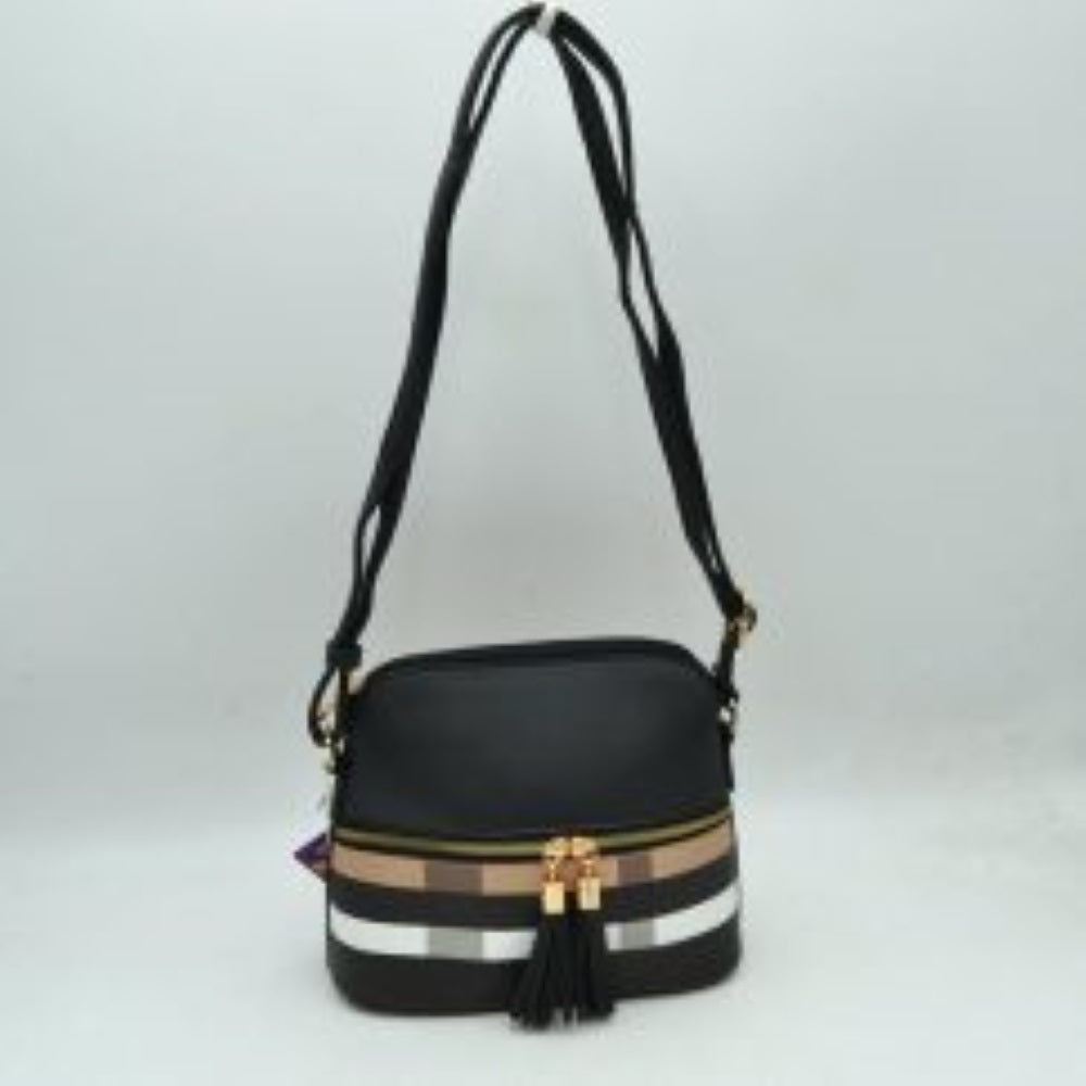 Black-Brown This compact crossbody bag features a structured dome silhouette with a smooth upper half and a bold plaid pattern across the lower section, making it an excellent choice for everyday use. It offers multiple storage compartments, including a secure top-zippered main opening and a secondary front-zippered pocket embellished with dual gold-tone pulls and hanging tassels. A long, slender adjustable shoulder strap connects via metallic side rings