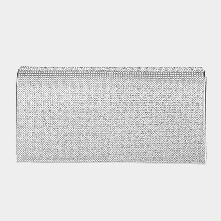Sliver Shine at every occasion with this aqua crystal clutch, designed with a sleek silhouette and shimmering detail. Perfect for weddings, galas, and nights out, this glamorous statement bag adds elegance and sparkle to any outfit.