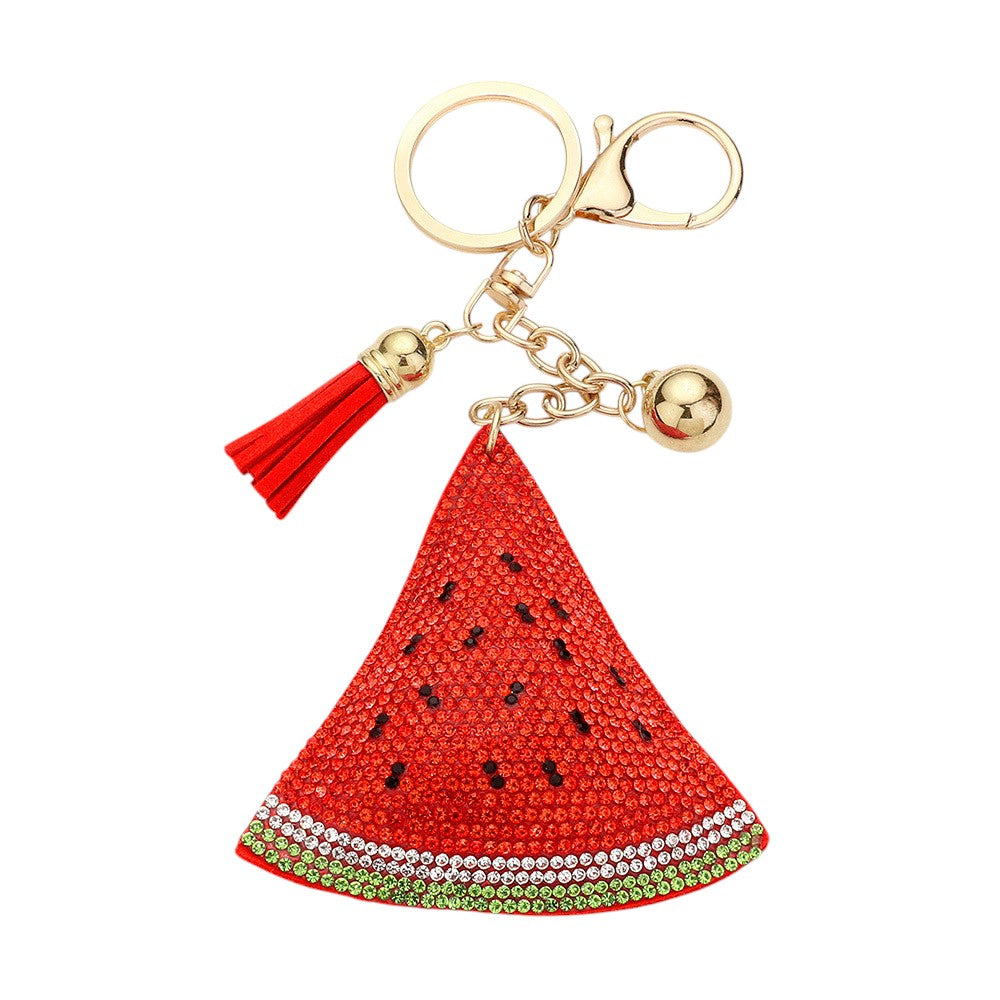 Red Bling Studded Watermelon Tassel Keychain features a unique watermelon design with bling studded details and a trendy tassel. Made with high-quality materials, it is the perfect accessory to add a touch of fun and sparkle to your keys or bag. Stay organized and make a statement with this eye-catching keychain.