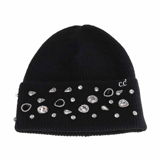 Rhinestone Charm Cuff C.C Beanie - Black - Beanies