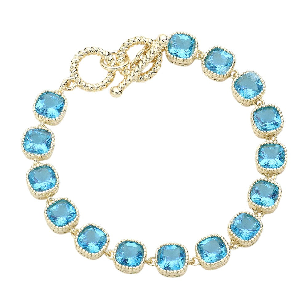 14K Gold Plated Square CZ Stone Link Evening Toggle Bracelet - Blue Gold - Bracelet