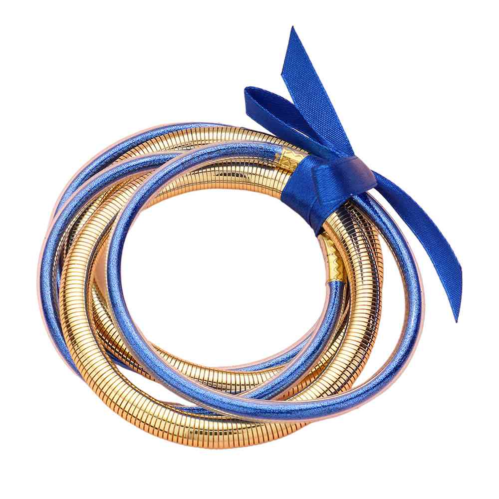 Blue 5PCS Glitter Jelly Tube Metal Elastic Layered Bracelets made with high-quality materials. The elastic design ensures a comfortable fit for all wrist sizes. 