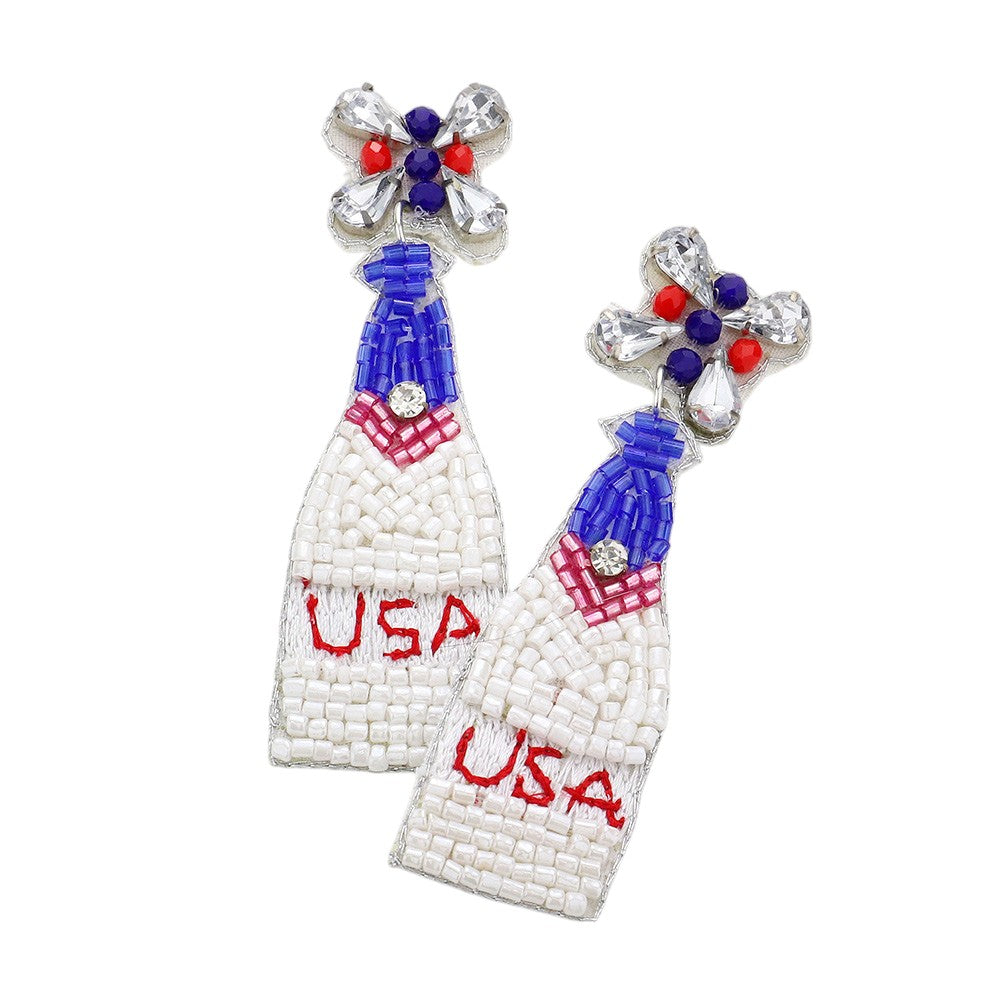 Blue American-USA&nbsp;dangle earrings feature precisely arranged champagne beads with specialised light-interaction properties. The technical construction incorporates graduated positioning to create optimal visual depth and movement dynamics. Each component undergoes rigorous quality assessment to ensure dimensional consistency and structural integrity. The sophisticated champagne tonality provides exceptional versatility across color palettes while maintaining a distinctive presence. The balanced weight
