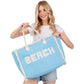 Blue BEACH Message Embroidered Fringe Tote Bag / Beach Bag is perfect for any beach day. With its spacious interior and stylish embroidered fringe detailing, it's both functional and fashionable. Carry all your beach essentials in one convenient and trendy tote. 
