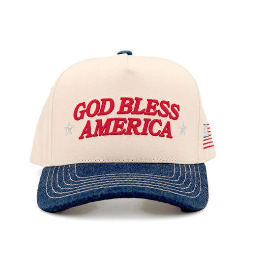 Blue CC Beanie “God Bless America” Letter Embroidered Two-Tone Trucker Hat Baseball Cap features bold embroidered lettering with a patriotic two-tone design that stands out in any casual outfit. The classic trucker silhouette offers breathable comfort and an adjustable fit for all-day wear.