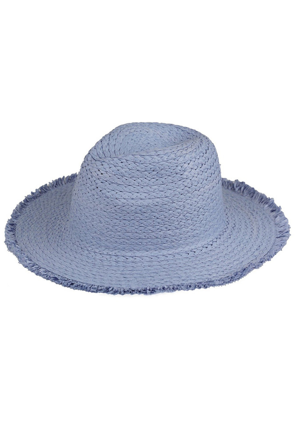 Blue Frayed Solid Straw Hat features advanced fibre craftsmanship, with controlled fraying that adds texture while maintaining structure. It's a solid build that uses a unique density gradient to enhance UV protection where it's needed most. The crown design includes subtle ergonomic curves to evenly distribute pressure, and the brim is reinforced to keep its shape. The natural straw is specially treated to resist humidity and deformation, without losing its breathable quality or authentic look. 