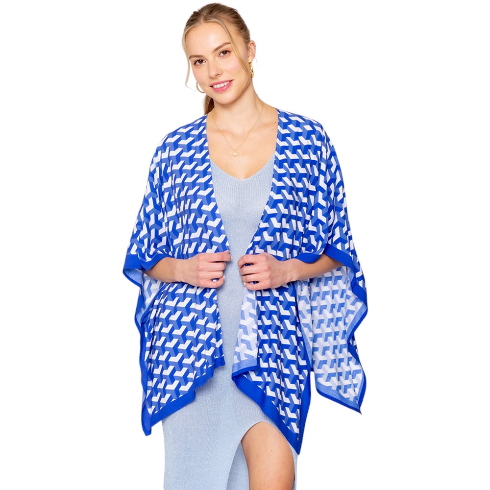 Blue Geometric Pattern Print Ruana Poncho is a must-have addition to your wardrobe. Crafted with a unique geometric pattern, this poncho adds a touch of modern style to any outfit. Made with high-quality materials, it provides both comfort and durability. Perfect for any occasion, this versatile piece is a statement piece you won't miss out on. 