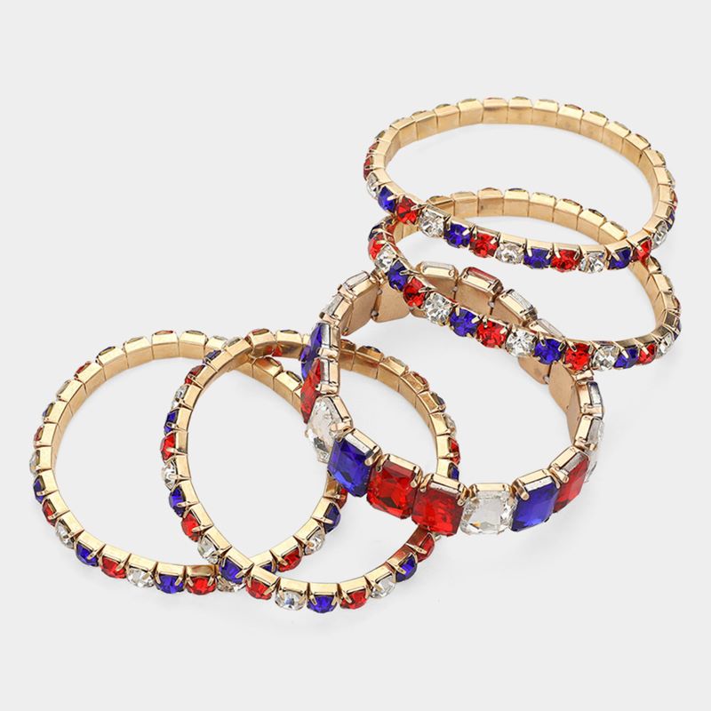 Blue Gold Red White Bold stretch bracelet featuring sparkling crystals in a patriotic design. Perfect for celebrating national holidays, sports events, and festive occasions with standout style.