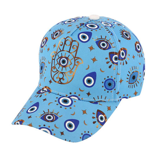 Blue Hamsa Hand Pointed Evil Eye Pattern Printed Baseball Cap offers a stylish and protective addition to your wardrobe. The intricate design features a Hamsa hand, known for its protective properties against evil eye, printed on a classic baseball cap. Stay fashionable and guarded with this unique accessory.