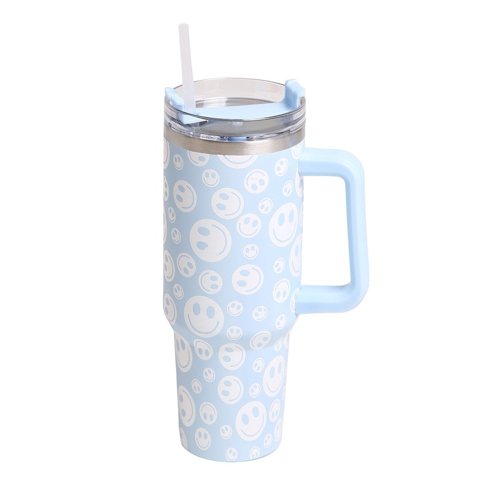 Blue Happy Face Printed 40oz Stainless Steel Tumbler With Handle is perfect for keeping your drinks hot or cold for hours. Made of durable stainless steel and featuring a fun happy face print, this tumbler is a great addition to your drinkware collection. With its large 40oz capacity and convenient handle, you can enjoy your favorite beverages on the go while spreading joy and happiness.