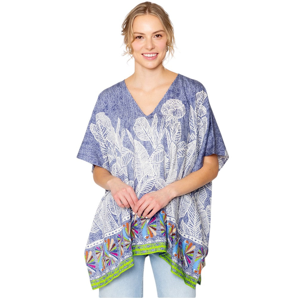 Blue Leaf Print Cover Up Poncho is the perfect addition to your summer wardrobe. Made from lightweight fabric, it is both stylish and functional, providing coverage from the sun while keeping you cool. The leaf print adds a touch of nature-inspired elegance to any beach or pool ensemble. 