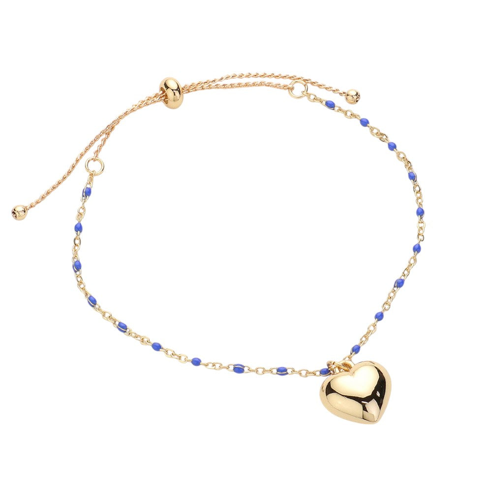 Blue Metal Heart Charm Beads Station Pull Tie Cinch Bracelet is a stylish and versatile accessory to add to your jewelry collection. The metal heart charm beads add a touch of elegance, while the pull tie cinch design allows for an adjustable and comfortable fit. Perfect for any occasion, this bracelet is a must-have for any fashion-forward individual
