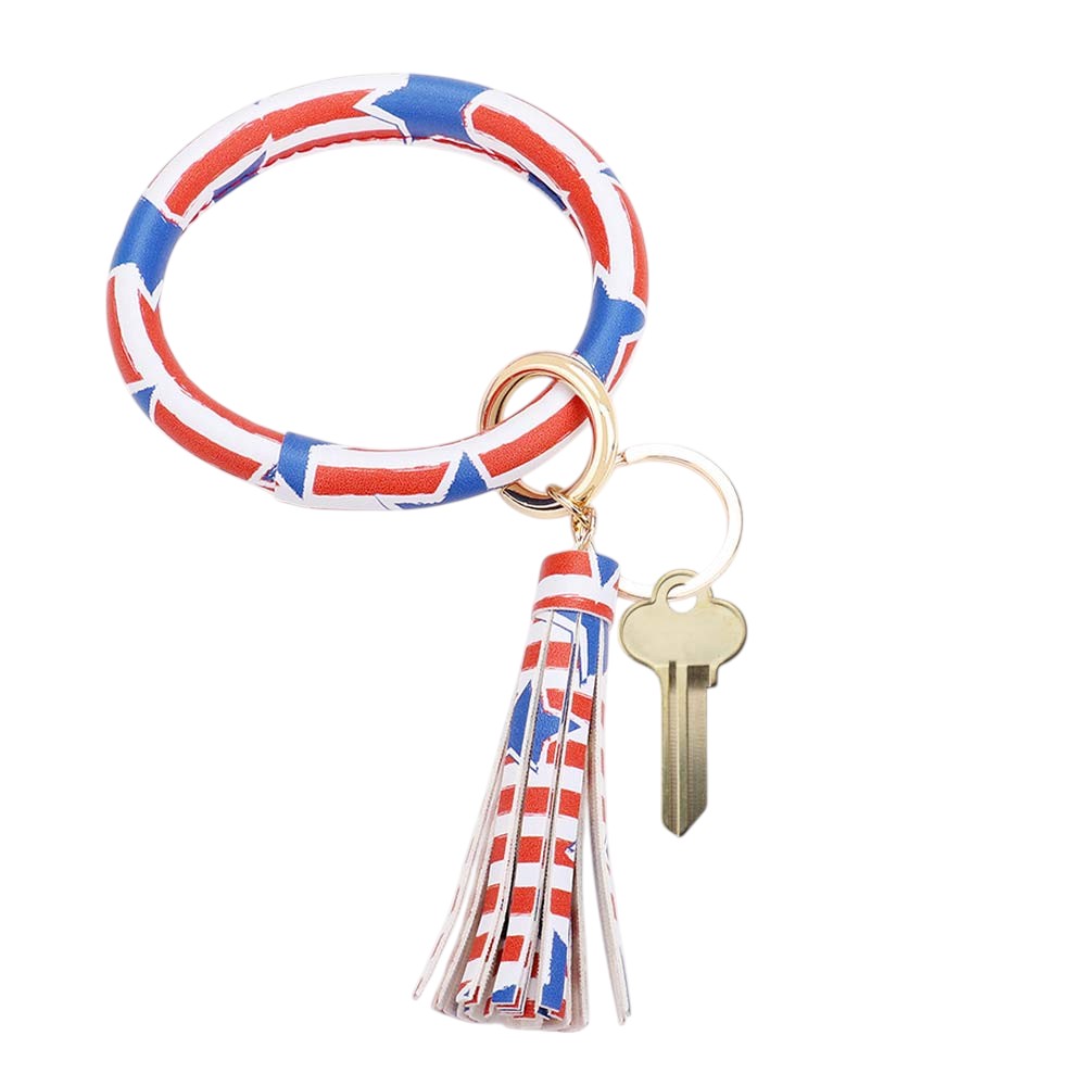 Blue Multi Red Patriotic USA Flag Faux Leather Tassel Keychain Bracelet is a stylish and functional accessory, perfect for showing your patriotic spirit. Made with faux leather and featuring a tassel keychain, this bracelet is both durable and trendy. Carry your keys with pride and complete any outfit with this versatile accessory.