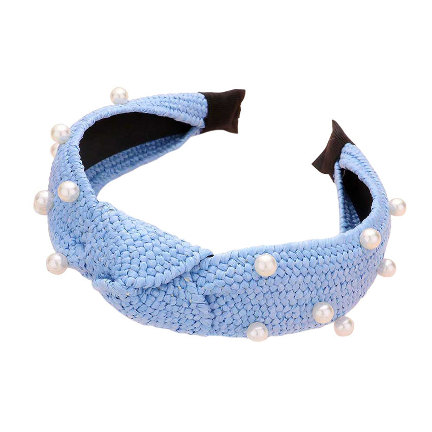 Blue Pearl Embellished Straw Knot Burnout Headband, create a beautiful look while perfectly matching your color with the easy-to-use straw knot burnout headband. Push your hair back and spice up any plain outfit with this straw knot burnout headband!