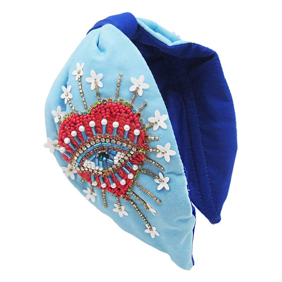 Pearl Sequin Bead Evil Eye Heart Knot Burnout Headband - Blue - Headbands