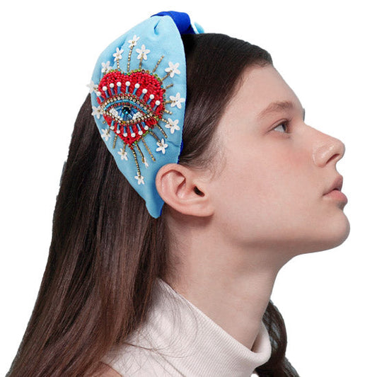 Pearl Sequin Bead Evil Eye Heart Knot Burnout Headband - Headbands