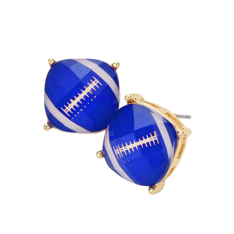Blue White Game Day Football Cushion Square Stud Earrings, are beautifully crafted with a plated brass base and coated in a clear enamel finish. Perfect gift for sports lovers, these stylish Game Day Football Cushion Square Stud Earrings are sure to make a statement. Perfect for football match day, Beach Party, and Party Earrings