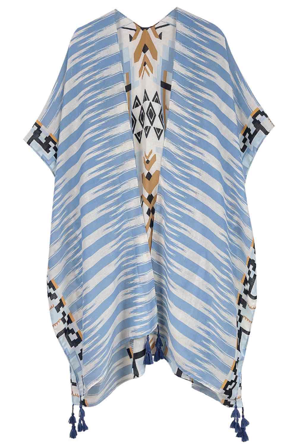 Blue Embrace bohemian style with this striking Aztec Pattern Print Tassel Kimono. Crafted from lightweight 100% polyester, this versatile piece features bold geometric patterns inspired by traditional Aztec designs, complete with decorative tassels for added flair. Perfect for layering over dresses, swimwear, or casual outfits, it offers effortless coverage and movement. With generous dimensions of 35.4" x 35.4", it drapes beautifully on most body types. Ideal for beach days, festivals, or relaxed everyday 