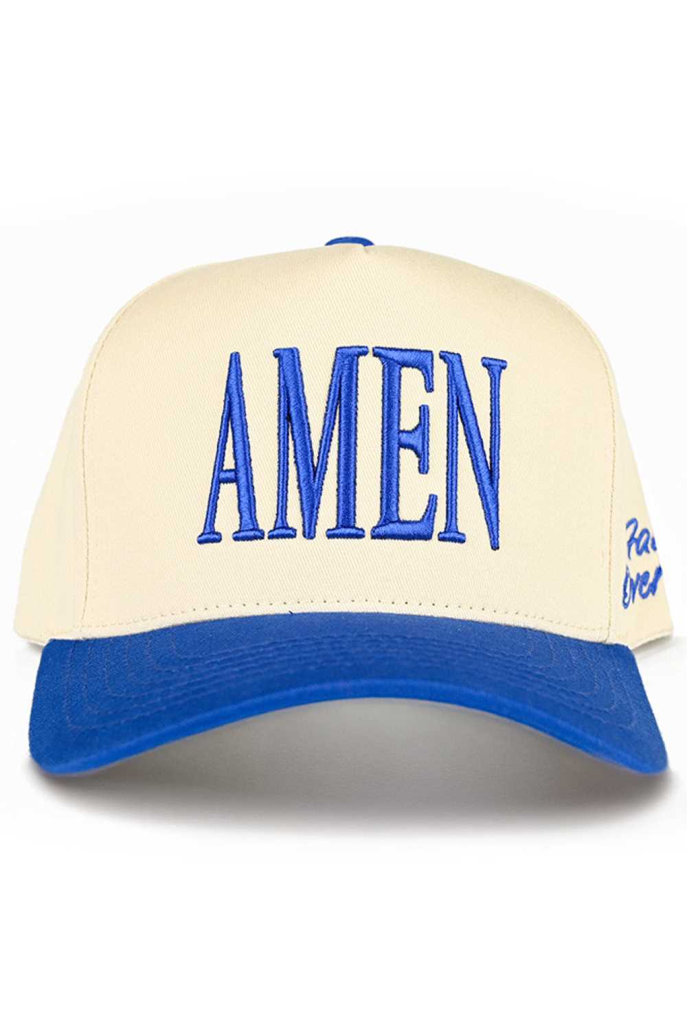 Blue Embrace faith over fear with this striking C.C AMEN embroidered trucker hat. Featuring bold two-tone styling and classic snap back closure, it's designed for everyday wear and spiritual expression. Crafted from 100% cotton for breathability and comfort, this one-size-fits-all cap has a 22.5" circumference that adjusts to most head sizes. The structured trucker silhouette offers excellent sun protection and a timeless look. Made in Vietnam with quality construction that lasts. Perfect for those seeking 
