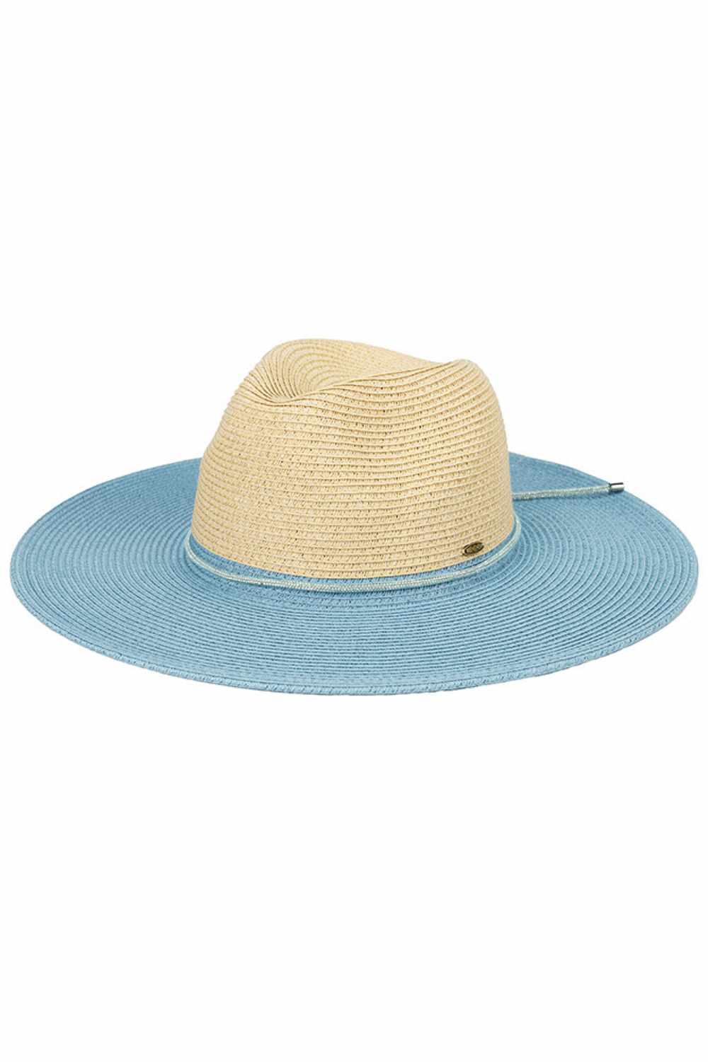 Blue The C.C Two Tone Panama Sun Hat combines classic style with practical sun protection. Crafted from a breathable blend of 80% paper and 20% polyester, this lightweight hat keeps you cool during warm weather while maintaining its shape. The two-tone design adds visual interest, complemented by a decorative band around the crown. With a 4" brim and 4" crown height, this hat offers excellent UV coverage for your face and neck. The generous 22.6" circumference fits most head sizes comfortably. One-size-fits