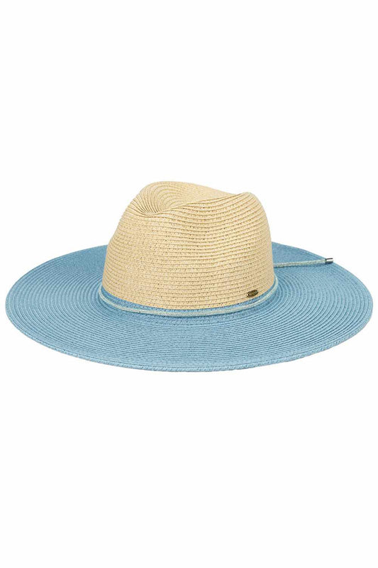 Blue The C.C Two Tone Panama Sun Hat combines classic style with practical sun protection. Crafted from a breathable blend of 80% paper and 20% polyester, this lightweight hat keeps you cool during warm weather while maintaining its shape. The two-tone design adds visual interest, complemented by a decorative band around the crown. With a 4" brim and 4" crown height, this hat offers excellent UV coverage for your face and neck. The generous 22.6" circumference fits most head sizes comfortably. One-size-fits