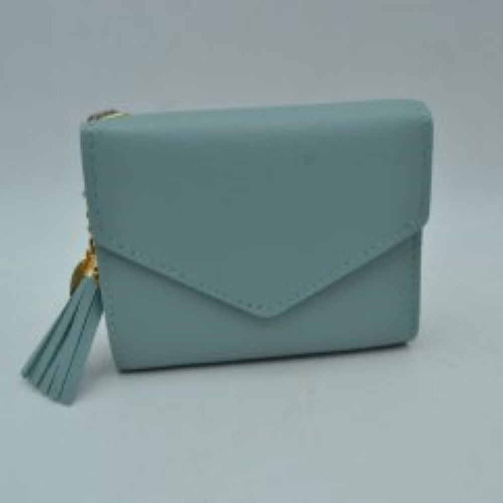 Blue This compact wallet features a classic envelope-style design with a distinctive V-shaped front flap and clean perimeter stitching, making it a stylish choice for everyday use. Designed to offer a streamlined storage solution for essential items, it maintains a sleek, structured silhouette that easily fits into larger bags or pockets. A decorative tassel charm with a metallic cap is attached to the side hardware, adding a functional and eye-catching accent to the understated design.