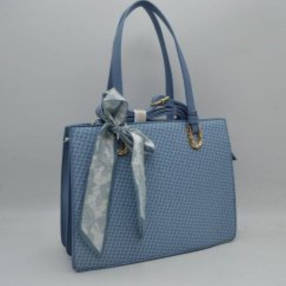 Blue Embrace a perfect blend of seasonal charm and sophisticated style with this elegant woven straw satchel bag. Designed with a beautifully textured basket-weave exterior body and smooth top trim panels, this handbag features a stylish patterned scarf tied in a bow at the handle base for a chic, feminine touch. The structured silhouette opens to a spacious main compartment that easily accommodates your daily essentials, making it an ideal companion for warm-weather outings, brunch, or casual workdays.
