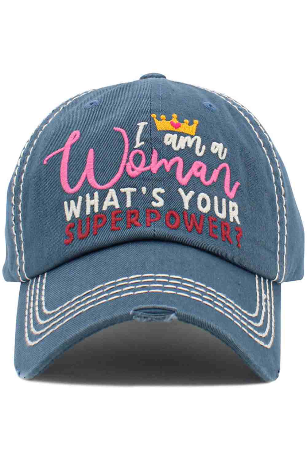 Blue The I AM A WOMEN SUPERPOWER Vintage Ball Cap features a bold, empowering statement with a classic vintage wash for a timeless, confident look. Designed for everyday comfort, this cap pairs effortlessly with casual outfits while making a strong, inspiring style statement.