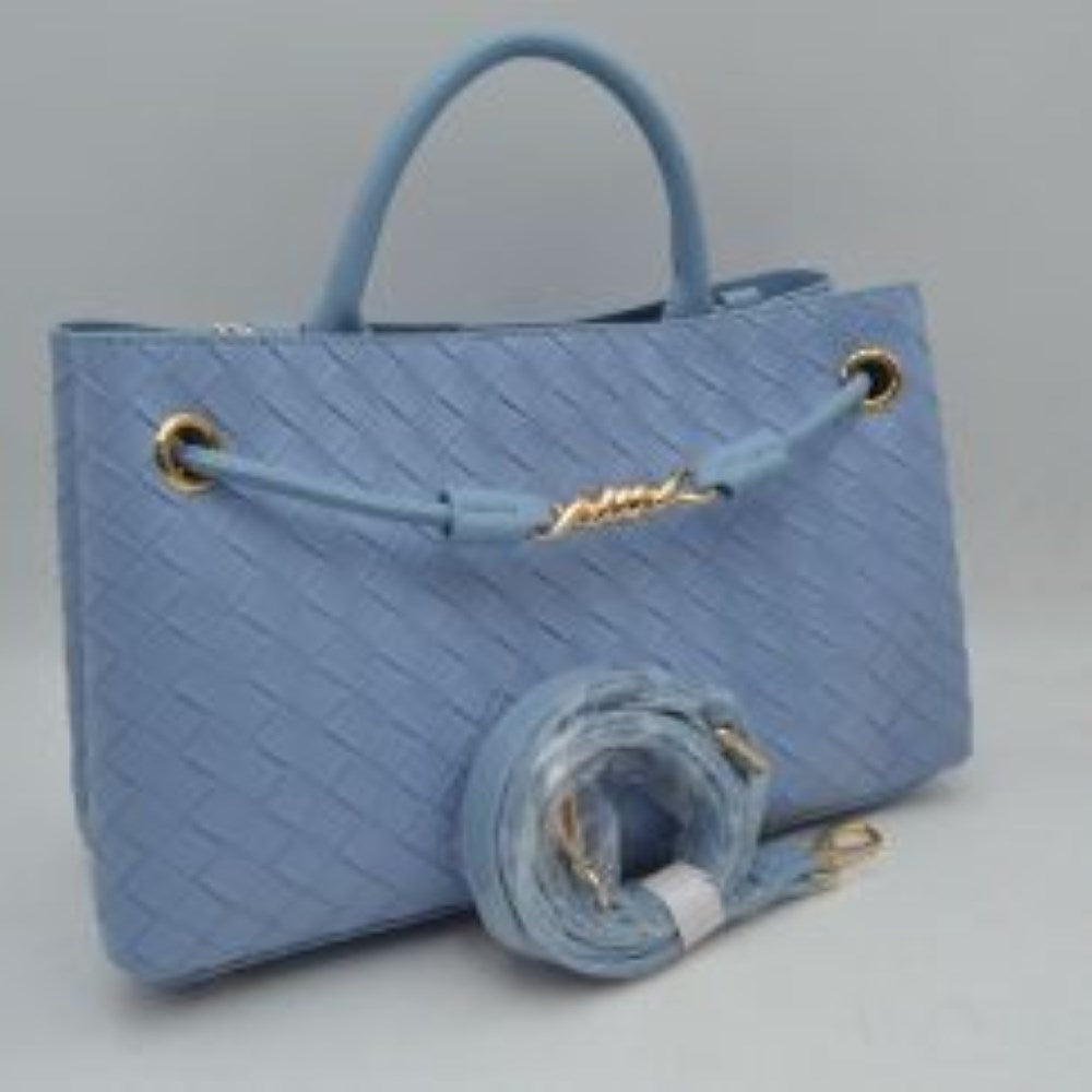 Blue Make a sophisticated statement wherever you go with this elegantly structured woven tote bag. Featuring a distinctive diagonal checkerboard weave pattern, this handbag brings a touch of modern luxury and rich texture to any wardrobe. The front is beautifully accented with a unique metallic centerpiece detail threaded through polished grommets, adding a contemporary twist to a classic silhouette. Designed for maximum versatility, it features comfortable dual top handles alongside a wrapped