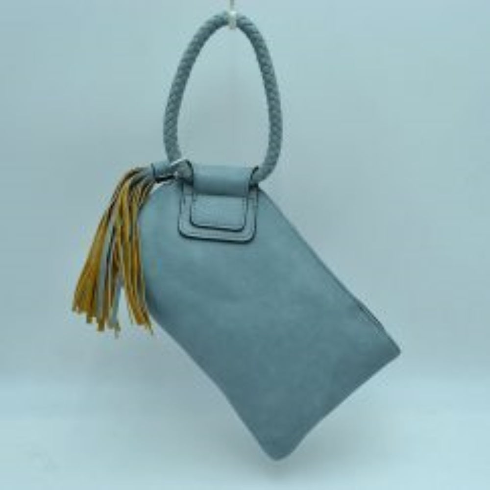 Blue This versatile wristlet clutch offers a clean, contemporary design perfect for elevating your everyday style. It features a main zippered storage compartment along the top to securely hold your daily essentials while maintaining a sleek profile. A distinctive braided circular top handle provides an easy carrying option, securely attached via a stitched accent panel. Complete with a prominent, multi-layered hanging fringe tassel ornament