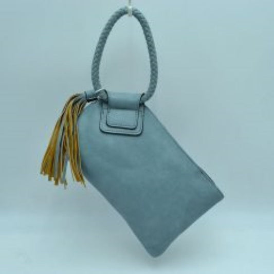 Blue This versatile wristlet clutch offers a clean, contemporary design perfect for elevating your everyday style. It features a main zippered storage compartment along the top to securely hold your daily essentials while maintaining a sleek profile. A distinctive braided circular top handle provides an easy carrying option, securely attached via a stitched accent panel. Complete with a prominent, multi-layered hanging fringe tassel ornament