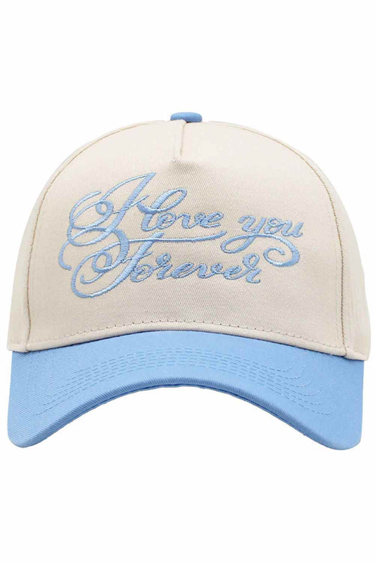 Blue Timeless style meets heartfelt sentiment with this two-tone baseball cap featuring "LOVE YOU FOREVER" embroidered across the front. Crafted from 100% cotton for breathable comfort and durability, this classic cap works for everyday wear, casual outings, or as a meaningful gift. The contrasting color blocking adds modern appeal while the embroidered lettering delivers an emotional touch. One size fits most. Perfect for anyone who wants to wear their feelings.