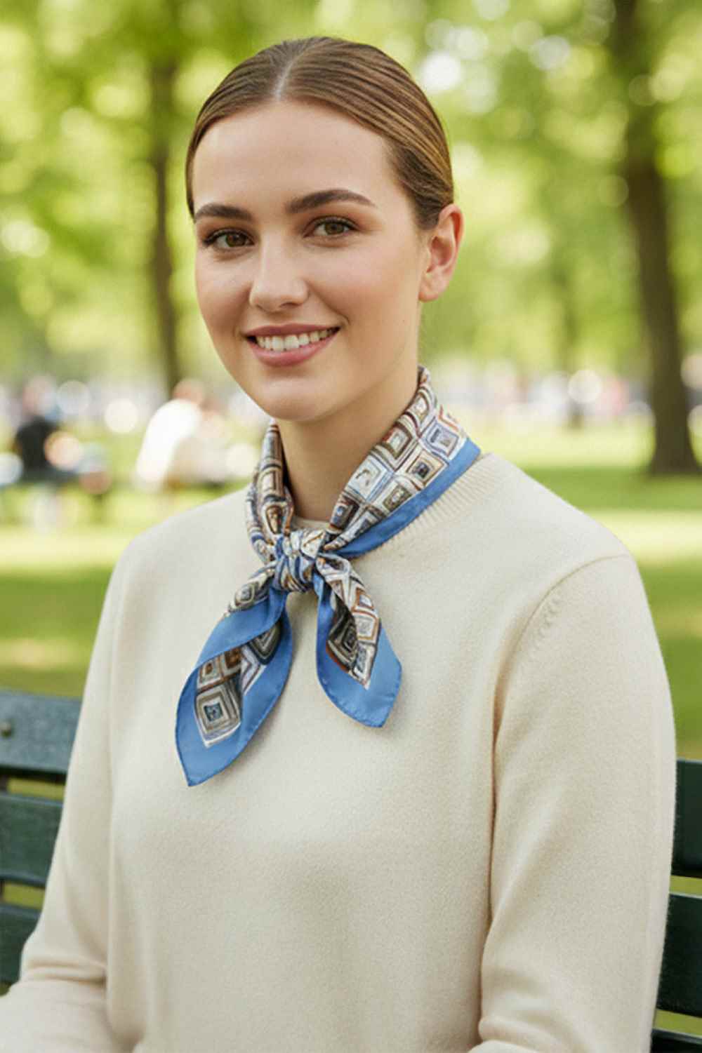 Blue Elevate your accessory game with this modern abstract square pattern bandana scarf. Crafted from 100% lightweight polyester with a silky finish, it's the perfect year-round companion for any outfit. Measuring 27.5" x 27.5", this versatile scarf works as a headwrap, neck accessory, or styling statement piece. The contemporary geometric print adds an artistic touch to casual and dressed-up looks alike. Soft, breathable, and easy to care for your new go-to accessory.