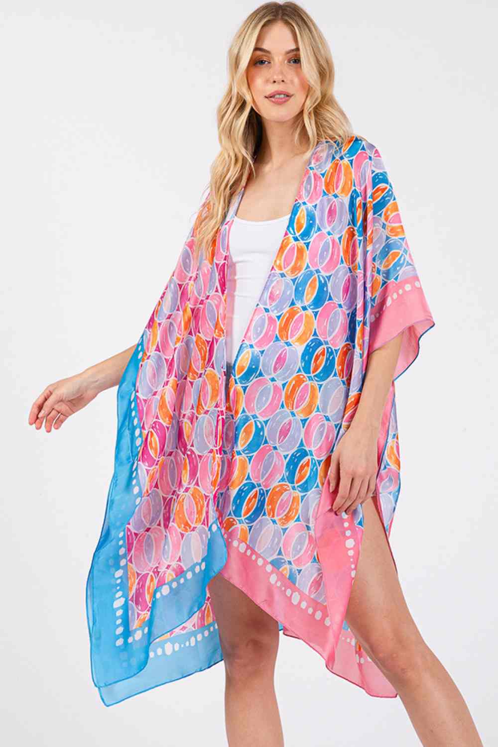 Blue Pink Effortless elegance meets summer style with this Two Tones Trim Abstract Pattern Kimono. Crafted from 100% polyester with a luxuriously silky feel, this lightweight cover-up drapes beautifully over any outfit. The striking abstract pattern and contrasting two-tone trim add visual interest and versatility for beach days, poolside lounging, or casual outings. Generously sized at 35" x 36", it offers comfortable coverage and movement. Perfect for layering during warmer months.