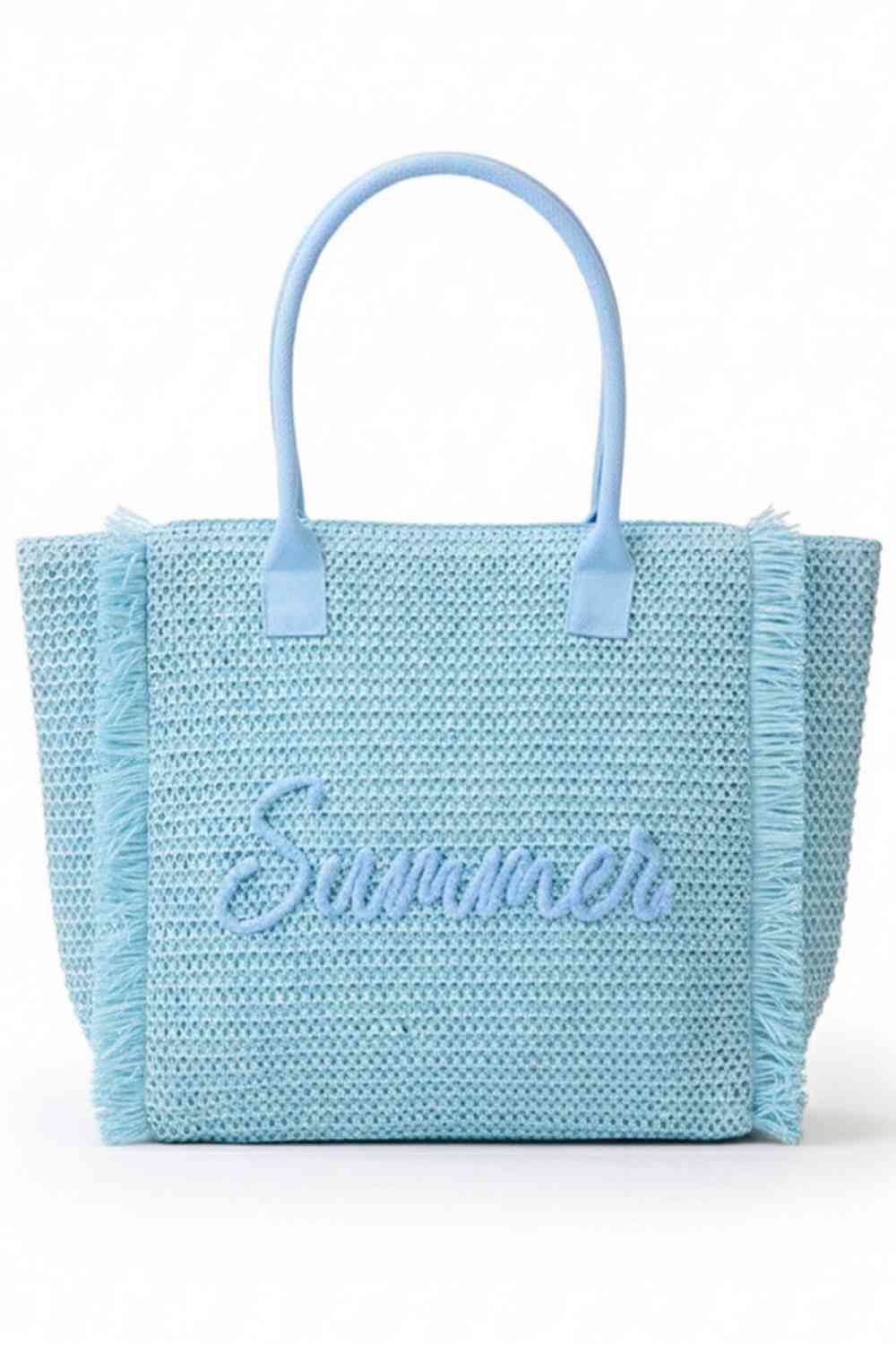 Blue Carry summer in style with this charming woven straw tote. Featuring playful "SUMMER" lettering accented with shimmering gold lurex thread, it's finished with a trendy fringe trim for extra flair. The spacious 13.5" x 14" x 5" design holds all your essentials, while the secure zipper closure and inner pocket keep everything organized. Crafted from 100% paper straw, it's lightweight and perfect for beach days, farmers markets, or casual outings. A versatile accessory that blends function with fun.