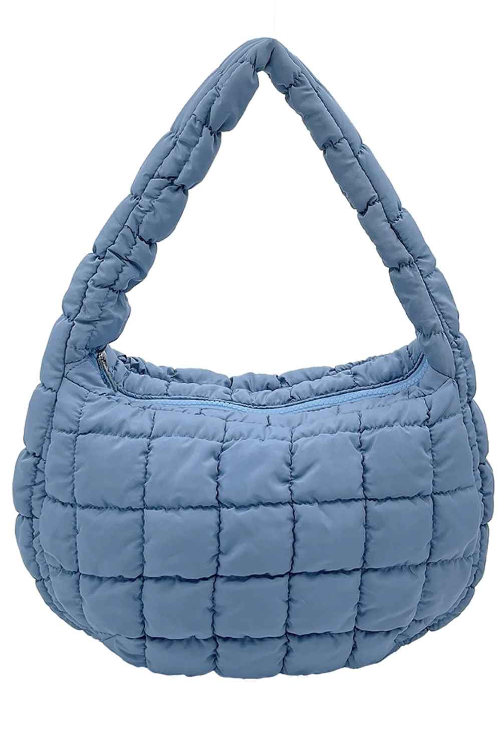 Blue Compact quilted bag crafted from durable 100% polyester with a timeless solid design. Measuring 8.7" x 11.8" x 3.15", it's the perfect size for everyday essentials, travel accessories, or as a versatile organizer. The quilted texture adds visual interest and subtle structure. Ideal for on-the-go convenience with a sleek, minimalist aesthetic that pairs effortlessly with any outfit.